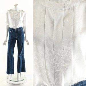 White Pleated 80s Tuxedo Blouse